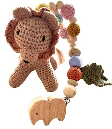 Löwe Häkellöwe Löwenrassel Afrika Kinderwagenkette Kinderwagennanhänger Anhänger Kette Spielzeug Kinderwagen Amigurumi gehäkelt Häkelperlen bunt Geschenk Baby Geburt Junge Mädchen Häkeltier Häkeltiere