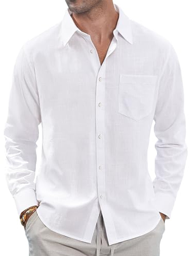 J.Ver Camisas de Lino para Hombre, Estilo Casual, con Botones, Manga Larga, Cuello Abierto, Camisas de Playa de Verano con Bolsillo, Blanco, X-Large