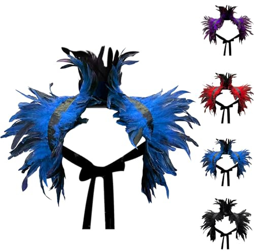 LUKIUP Karneval Blau Gothic Federumhang, Natürliche Feder Shrug Schal Poncho Kragen, Victorian Flügel Kostüm, für Halloween Maskerade Cosplay Kostüm