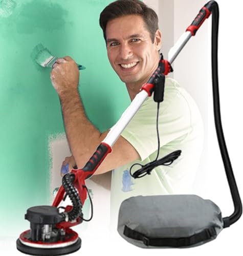 DPQYJPP Levigatrice a collo lungo | Levigatrice per cartongesso | Levigatrice da parete a soffitto | 1250 watt, | Canna telescopica | Sistema di aspirazione | Testa girevole | con LED,Sander+50SandPad