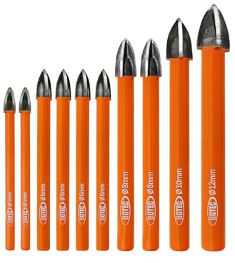 BGTEC Lot de 10 forets à bois à tige ronde en carbure de tungstène 5 mm x 2 + 6 mm x 4 + 8 mm x 2 + 10 mm + 12 mm pour bois, plastique, maçonnerie, brique, granit
