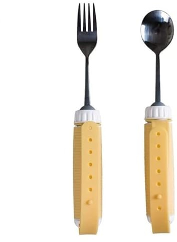 FOWIUNYE Utensilios adaptativos para artritis, juego de tenedor y cuchara de fácil agarre, cubiertos extraíbles de rotación de 360 grados con correa de silicona ajustable para ancianos de Parkinson y