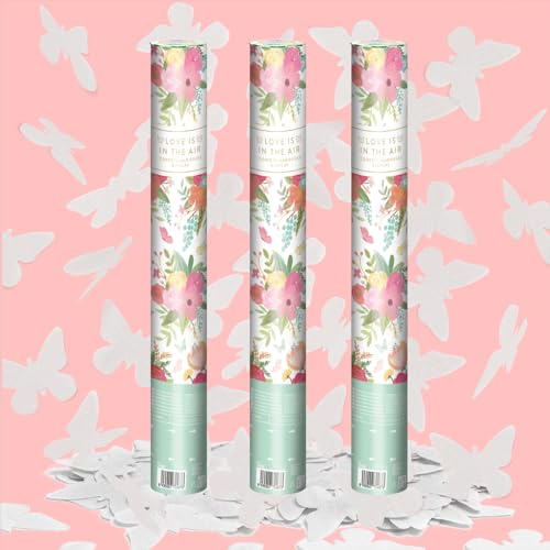 OH YEAH - 3 Unidades - Cañón Confeti Mariposas Blancas - 40 cm - Fiestas y Celebraciones - Ideal para Bodas, Cumpleaños, Eventos y Despedidas - Gran Potencia de Alcance - FÁCIL DE USAR