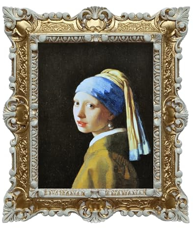 LIGUORO SHOP Bild Mädchen mit dem Perlenohrring von Veermer, Reproduktion, gedruckt auf Banner, Leinwand mit Barockrahmen, 45 x 37 cm (Gold/Weiß)