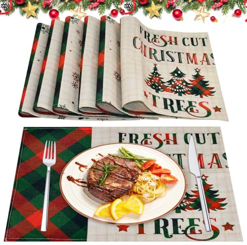 LPAMABA 6pcs Leinen Untersetzer Weihnachten Groß Platzdeckchen Weihnachten Untersetzer rutschfest Hitzebeständig Weihnachtstischdeko Abwaschbar