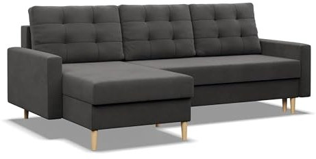 Mebligo - Ecksofa mit Schlaffunktion und Bettkasten BLANK, 223x88x140 cm, Universelles Eckcouch, Rechte oder Linke Seite Couch, Wohnzimmer Schlafsofa. L Couch mit Schlaffunktion - Grau
