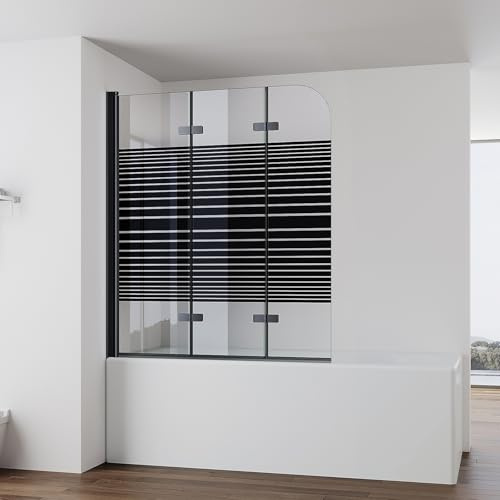 IMPTS Duschwand für Badewanne 130x140cm Schwarz, Faltwand Duschfaltwand 3 teilig mit Streifen Milchglas, Faltbar Badewannenaufsatz Duschtrennwand Badewannenwand Glas mit 6mm Nano Sicherheitsglas
