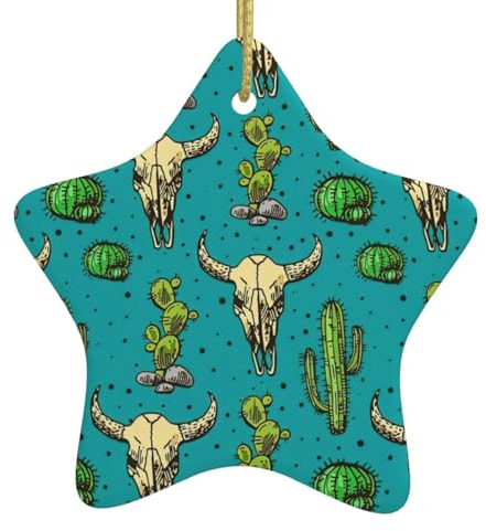 Lindos cactus y calavera de toro colgantes de cerámica para árbol de Navidad, colgantes en forma de estrella, recuerdo