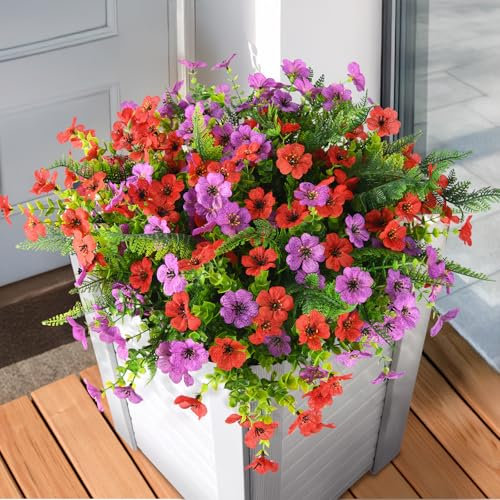 Homsunny Artificial Flowers for Outdoors, 12 PCS Faux Silk Flower with Artificial Fern Spring Decoration, Fake Outdoor Flowers UV Resistant No Fade Artificial Plants Front Porch Garden Patio Decor