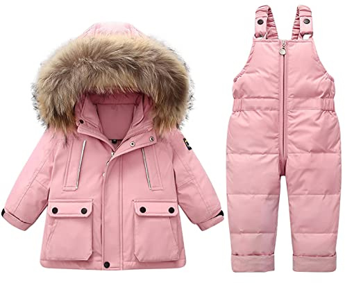 Enfant Combinaison de Ski avec Veste de Duvet, Pantalons de Ski et Doudoune à Capuche pour Enfants 2 Pièces Bébé Fille Garçon Veste Blouson Manches Longues Hiver Ensemble de Ski 1-5 Ans