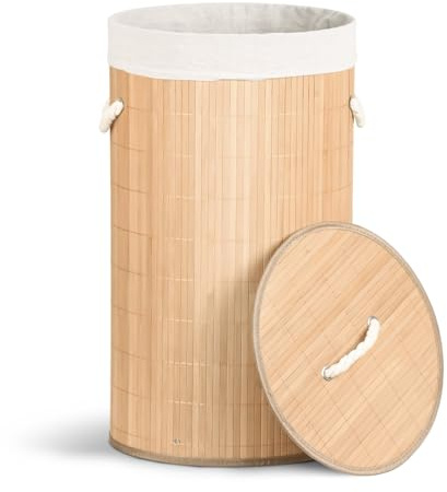 VOUNOT® Wäschekorb Bambus mit Deckel, 58L Rund Wäschesammler mit 2 Herausnehmbaren Wäschesäcke & Griffen, Faltbarer Wäschebox für Schlafzimmer Badezimmer Waschküche, Holzfarbe