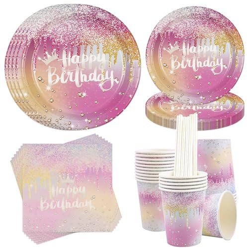 50 Stück Buntes Gold Partygeschirr, 23cm/18cm Pappteller Tassen Servietten Strohhalme Bling Hell Geburtstag Partygeschirr für Happy Birthday Hochzeitsparty Tischdekorationen-10 Gäste