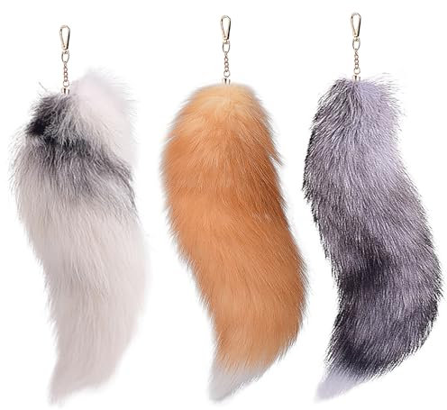 Blogiiup Fox Tails, 3 PCs Therian Tail, 15, 8 Zoll langes Therian Fuchsschwanz mit Verschluss, Halloween weiche Flauschige Schlüsselbund, Hängende Schwänze für Frauen Erwachsene, Weiß
