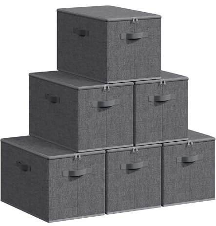 SONGMICS Aufbewahrungsbox mit Deckel, 6er Set, faltbare Stoffbox | Aufbewahrung für Kleidung, 50 x 30 x 30 cm, Vliesstoff, mit Griffen, schiefergrau, TINA Kollektion RZB050GN03