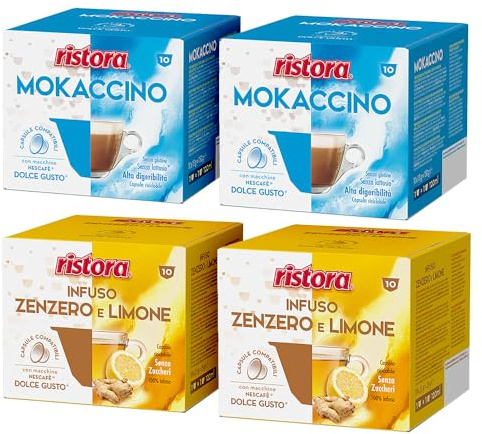 Set 80 Capsule Ristora Compatibili con le Macchine ad uso domestico Nescafè®* Dolce Gusto®* 40 Mokaccino 40 Infuso Zenzero e Limone