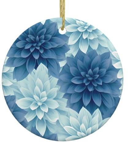 WHJDPP Colgante redondo de cerámica con diseño de flor de dalia azul con un cordón de alambre dorado para colgar fácilmente