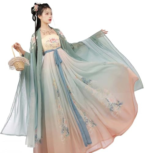 Hanfu-klänning i vintagestil för kvinnor (S-XL), kjol i traditionell kinesisk stil (45-70 kg), sjal + kjol, utsökt broderi,XL,Green