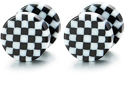 8MM Schwarz Weiß Kariertes Muster Kreis Ohrstecker Herren Damen Ohrringe Fake Plugs Ohr Cheater Tunnel Gauges Ohr-Piercing, 1 Paar