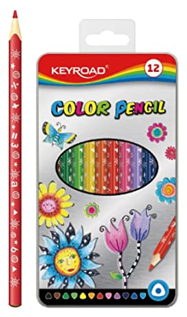 KEYROAD Buntstifte Dreikantform in einer Metallbox - 12 Stück/Mischfarben/Erwachsene und Kinder/Weicher Graphit/Ideal für MalbücherLoch zum Aufhängen/Komfortabel Handflächengriff für Kleinkinder