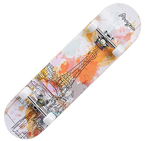 Skateboard Eiffelturm Orange Skateboard Kinder ab 8 Jahre 80x20cm 7-Lagigem Ahornholz Longboard Double Kick Komplett für Anfänger Jungen Mädchen Erwachsene Profi Penny Board