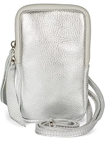 styleBREAKER Damen Leder Handy Umhängetasche mit genarbter Oberfläche, Reißverschluss, Echtleder Mini Bag 02012374, Farbe:Silber