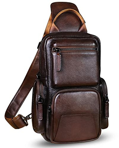 IVTG Genuine Leather Sling Bag Crossbody Casual Hiking Daypack Vintage Handmade Chest Bag Shoulder Backpack Motorcycle Pack (Coffee)