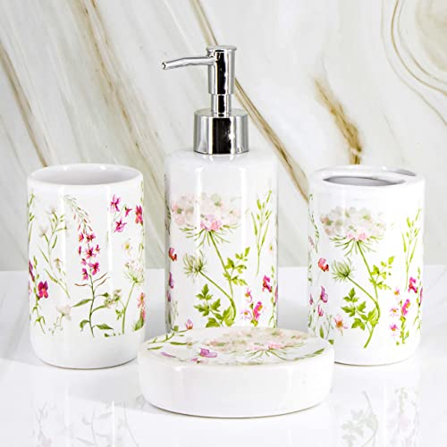 Bad Accessoire Set aus Keramik 4-Teilig.: Seifenspender Zahnputzbecher Zahnbürstenhalter Seifenschale (Design Fleur). Robust und bequem Farbe: weiß, mit Dekofolie