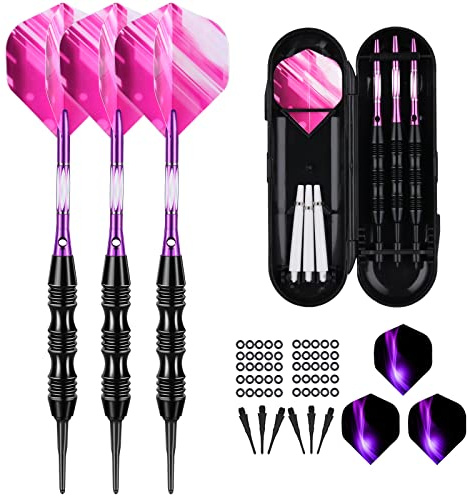 sanfeng Soft Tip Darts Set 20 Grams with Purple Aluminum Shafts Extra 50 Rubber O-Rings 30 Darts Plastic Tip 6 Standard Flights Slim Case for Electronic Dart Board