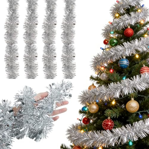 Lametta Girlande 4er Set - Extra Flauschige Weihnachtsbaum Girlande,Dichter Girlandes Weihnachtsbaumschmuck für eine Festliche Weihnachtsdeko, Glänzender Christbaum Girlandes für Drinnen & Draußen