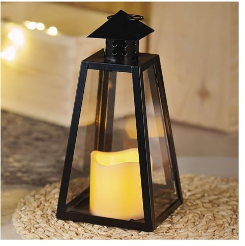 EMOS Antike Laterne mit LED Kerze, Vintage Design und Flammeneffekt, IP20 für Innen, Batteriebetrieben (3x AAA), Warmweiß, 10000 Stunden, 12,5 x 26,5 cm, Schwarz