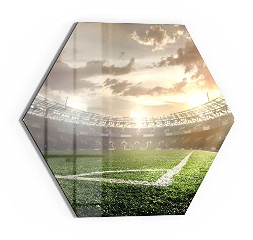 DEQORI Glasbild Echtglas | Motiv Rasenecke im Stadion | sechseckig einteilig 55x47,6 cm | schöne Dekoration | Wandbild für Wohnzimmer, Schlafzimmer, Flur & Küche | moderne Wanddeko