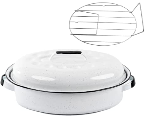 GRANITEWARE Oval Roaster Bräter 4L – Weiß – emaillierter Stahl, ultraleicht, leicht zu reinigen + Grillrost