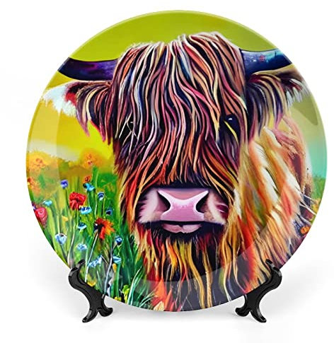 Gokays Decorative Plates, Watercolor Highland Cow Painting Ceramic Dinner Plate Home Wobble-Plate with Display Stand, Wall Hanging Decor for Living Dining Room Kitchen Household 18 CM