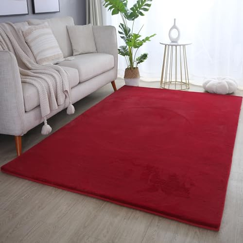 HomebyHome Hochflor Teppich 200x290 cm Rot Shaggy Modern Flauschig Weich Fellteppich Kunstfell Einfarbig für Wohnzimmer Schlafzimmer Esszimmer