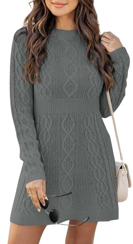 Ebifin Sweater Dresses for Women Elegant Jumper Dresses Knitted Round Neck A-Line Mini Dress Winter Pullover Dresses.Dark Gray.M