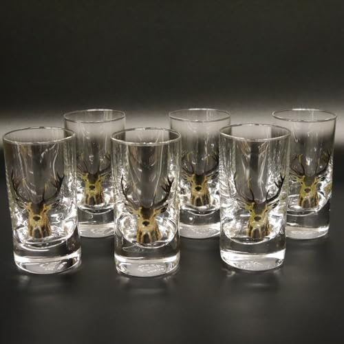GTK - Geweihe & Trophäen KRUMHOLZ Hirschkopf Stamper hoch Schnapsglas Gläser 6 er Set 2 cl Glas Jagd Dekor Motiv Geschenk Neu