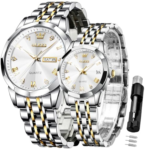 OLEVS Valentines Paar Quarzuhren mit leuchtendem Kalender, Datumsfenster, 3 ATM wasserdicht, lässige Edelstahl-Armbanduhr für Damen und Herren, Liebhaber, Hochzeit, romantisches Geschenk, 2 Stück