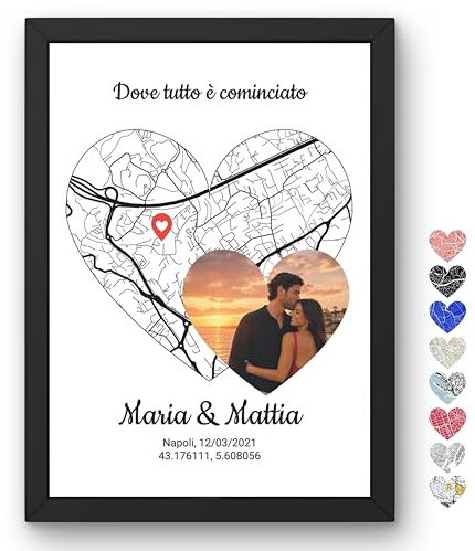 Poster personalizzato coppia con foto mappa luogo incontro GPS cuore nomi data con o senza Cornice Tela Plexiglass Quadro – Regalo coppia Dove tutto è iniziato San Valentino anniversario