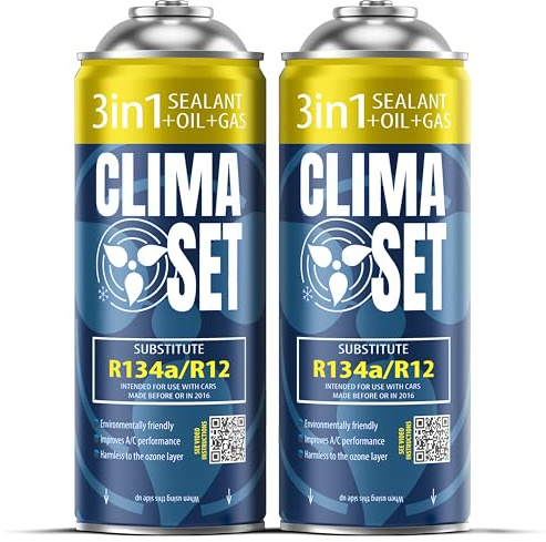 ClimaSet 3-in-1 R134a Klimaanlagemittel mit Dichtstoff und Ölset – für Fahrzeuge 1994 bis 2016 – ungiftig – Korrosionsbeständig – 2 Teile – 470 g