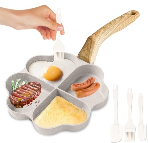 PRITOK Stufa per uova a forma di cuore, a 4 fori, antiaderente, con 3 spatole in silicone, manico in legno, per pancake, frittelle, frittelle