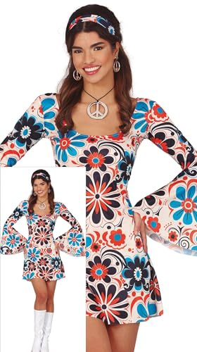 FIESTAS GUIRCA Déguisement hippie à fleurs pour femme - Robe hippie courte des années 70 avec imprimé fleurs et bandeau hippie - Déguisement disco années 60 pour femme Taille M