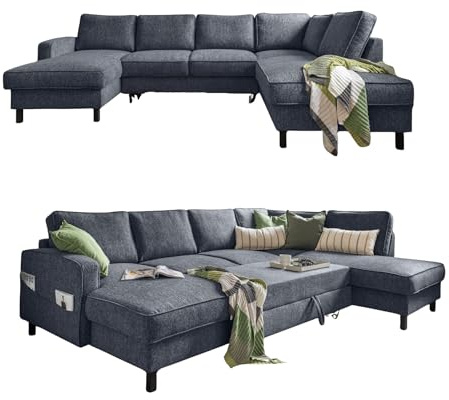 MIUFORM Molly U mit Bettkasten | limitierter Polsterstoff | 8 Sitzer Ecksofa | L-Form rechts | 298 x 198 x 88cm Couch | Klappsofa mit Schlaffunktion | Schlafsofa klappbar (Dunkelblau)