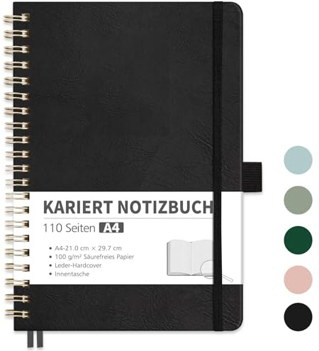 RETTACY Notizbuch A4 kariert, Bullet Journal mit 100 g/m² Dickem Papier, 55 Blatt, Collegeblock für Büro und Schule, Lederhülle, Schwarz, 21 cm x 29.7 cm