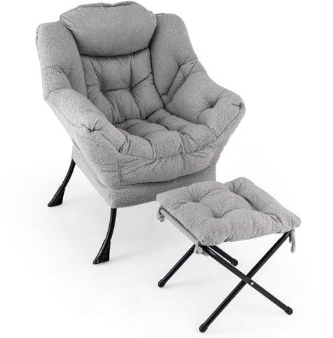 GIANTEX Fauteuil de Lecture Scandinave, Fauteuil Relax Salon Sherpa, Oreiller, Accoudoirs, Poche Latérale, Cadre Métallique, pour Salon, Chambre (avec Repose-Pieds, Gris)
