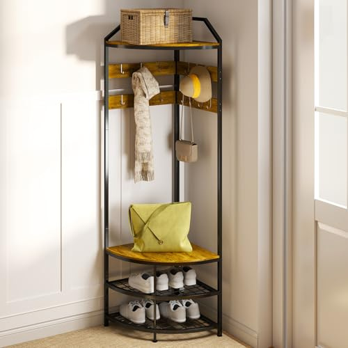Youyijia 4-Tier Metall-Eck-Garderobenständer, freistehende Eck-Garderobe für den Flur, Flurgarderobe mit 10 beweglichen Haken und Holzablage für Flur, Schlafzimmer und Eingangsbereich (Braun)