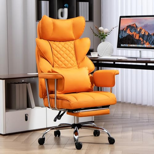 LONXIU Bürostuhl mit Fußstütze - Ergonomischer Gaming- und Chefsessel mit 360° Drehfunktion, 90-135° Verstellbarer Rückenlehne und weichen Armlehnen für optimalen Komfort (Regulär, Orange)