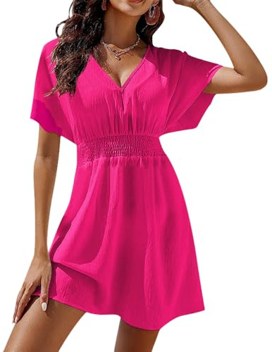 Satohom Femme Robe Couleur Unie d’été à Manche Courte Feuille de Lotusen Col V Mi-Longue Plissé Chic Élégant Imprimé Décontracté Plage Robe Ceinturée Manches Courtes Jupe Trapèze Chiffon