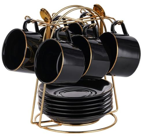 Juego de 6 tazas de capuchino de lujo con ribete dorado, 150 ml, tazas de porcelana británica real en tazas de té y café negro brillante con platillos y asas