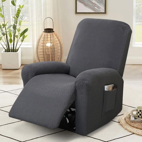 MeYuxg 4-Teilig Sesselbezug rutschfest,Sesselschoner für Relaxsessel mit Taschen,Sesselbezug Stretchhusse,All Inclusive Sesselüberwurf für Fernsehsessel Relaxsessel Sesselhusse (Dunkelgrau)
