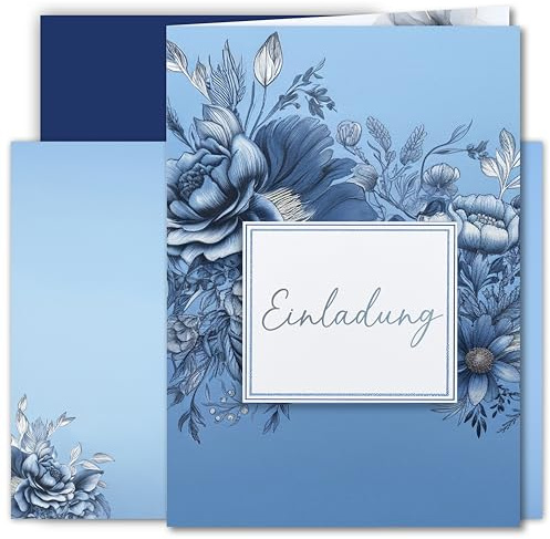 10x Einladungskarten Klappkarten Set Blumen Elegant Blau mit Umschlägen A6 Einladung Geburtstag Hochzeit Feier Party
